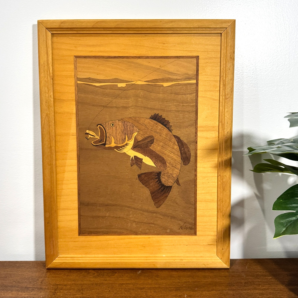 Vintage Hudson River Inlay Bass Fishing Artwork Nelson Wood Art 10x13 Marquetry
